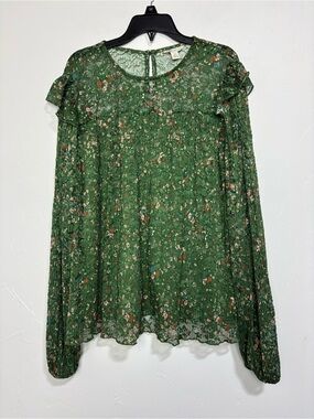 Cato Green Pink Floral Lace Ruffle Button Long Sleeve Blouse Top Women Small